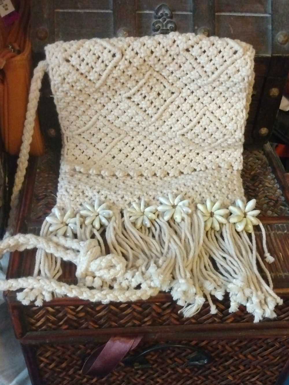 Handcrafted Cream Macramé Fringe Crossbody Bag with Floral Accents